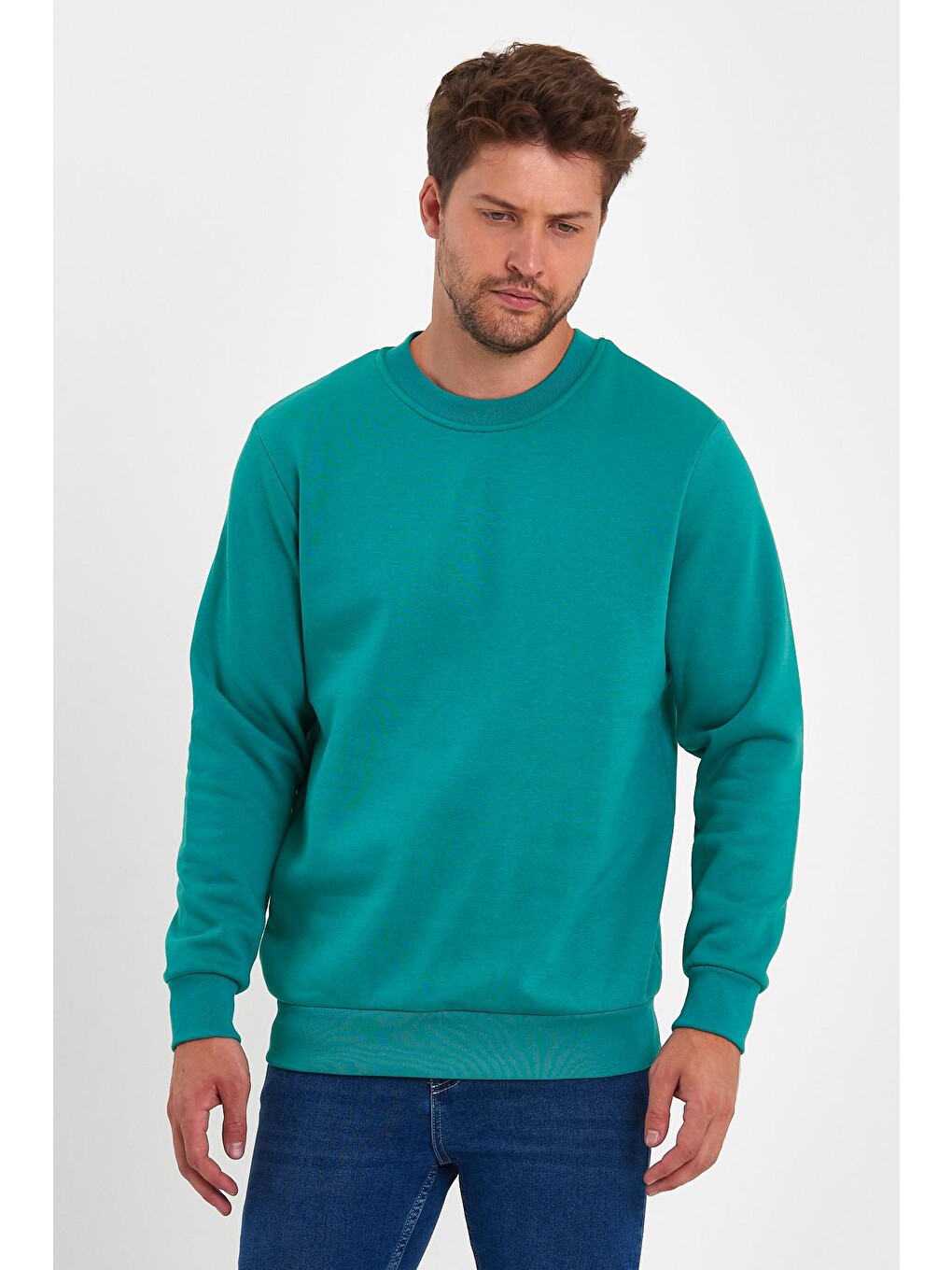 Yeşil 3 İplik Şardonlu Bisiklet Yaka Erkek Sweatshirt-3