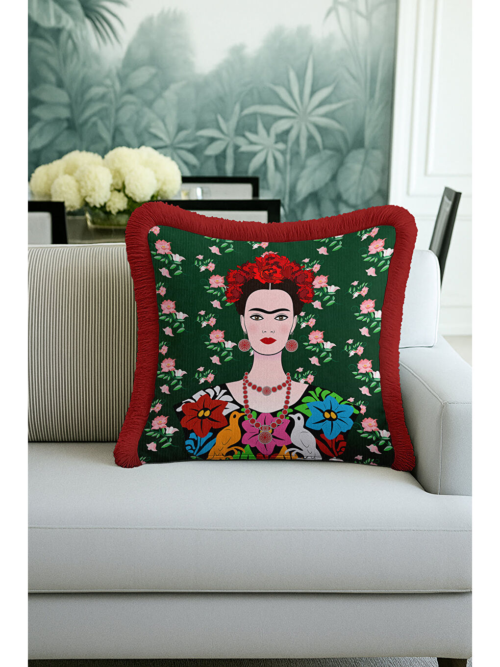 Karışık Sanatsal Portre Saçaklı Yastık Kılıfı - Çiçekli Bohem Yeşil Kırmızı Püsküllü Kırlent Kılıfı-2