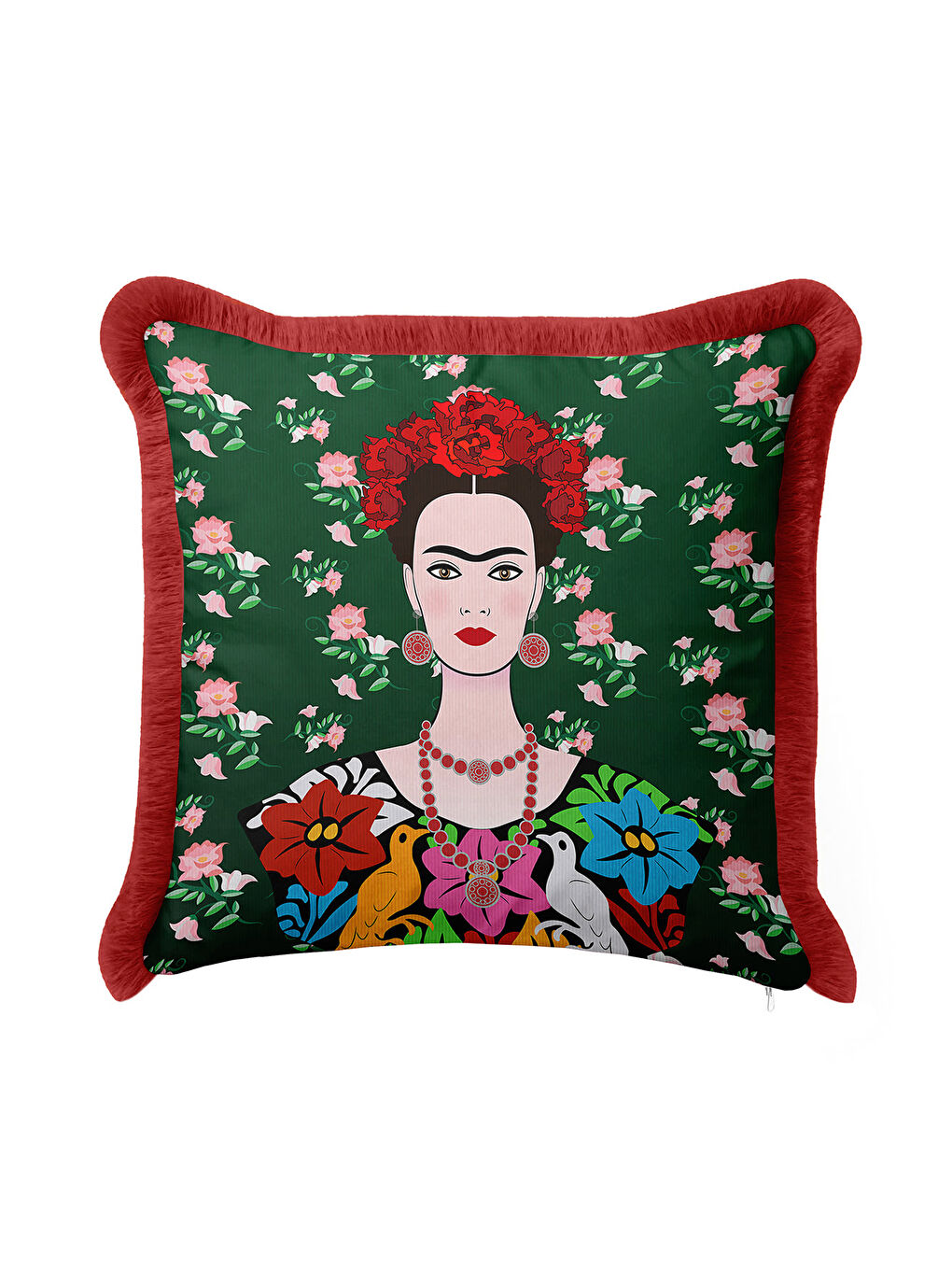 Karışık Sanatsal Portre Saçaklı Yastık Kılıfı - Çiçekli Bohem Yeşil Kırmızı Püsküllü Kırlent Kılıfı-3
