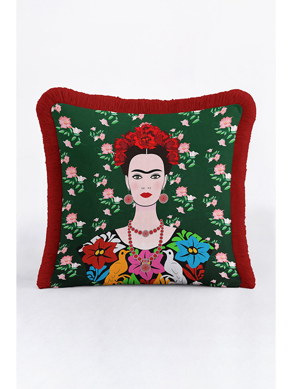 Karışık Sanatsal Portre Saçaklı Yastık Kılıfı - Çiçekli Bohem Yeşil Kırmızı Püsküllü Kırlent Kılıfı-4