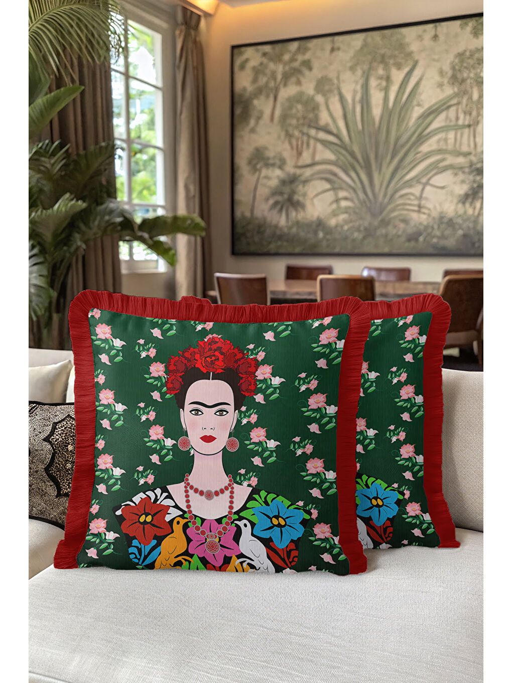 Karışık Sanatsal Portre Saçaklı Yastık Kılıfı - Çiçekli Bohem Yeşil Kırmızı Püsküllü Kırlent Kılıfı-5