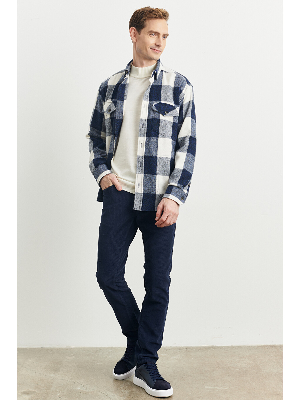 Erkek Mavi-Ekru Oversize Fit Geniş Kesim Gizli Düğmeli Yaka Kareli Oduncu Gömlek Ceket-1