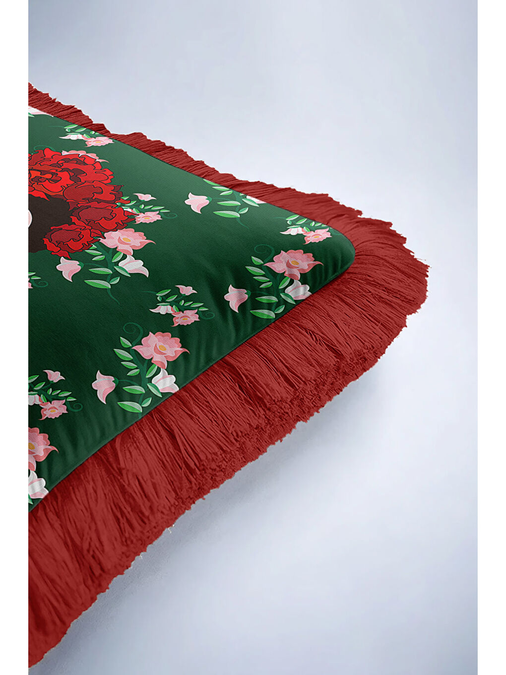 Karışık Sanatsal Portre Saçaklı Yastık Kılıfı - Çiçekli Bohem Yeşil Kırmızı Püsküllü Kırlent Kılıfı-6