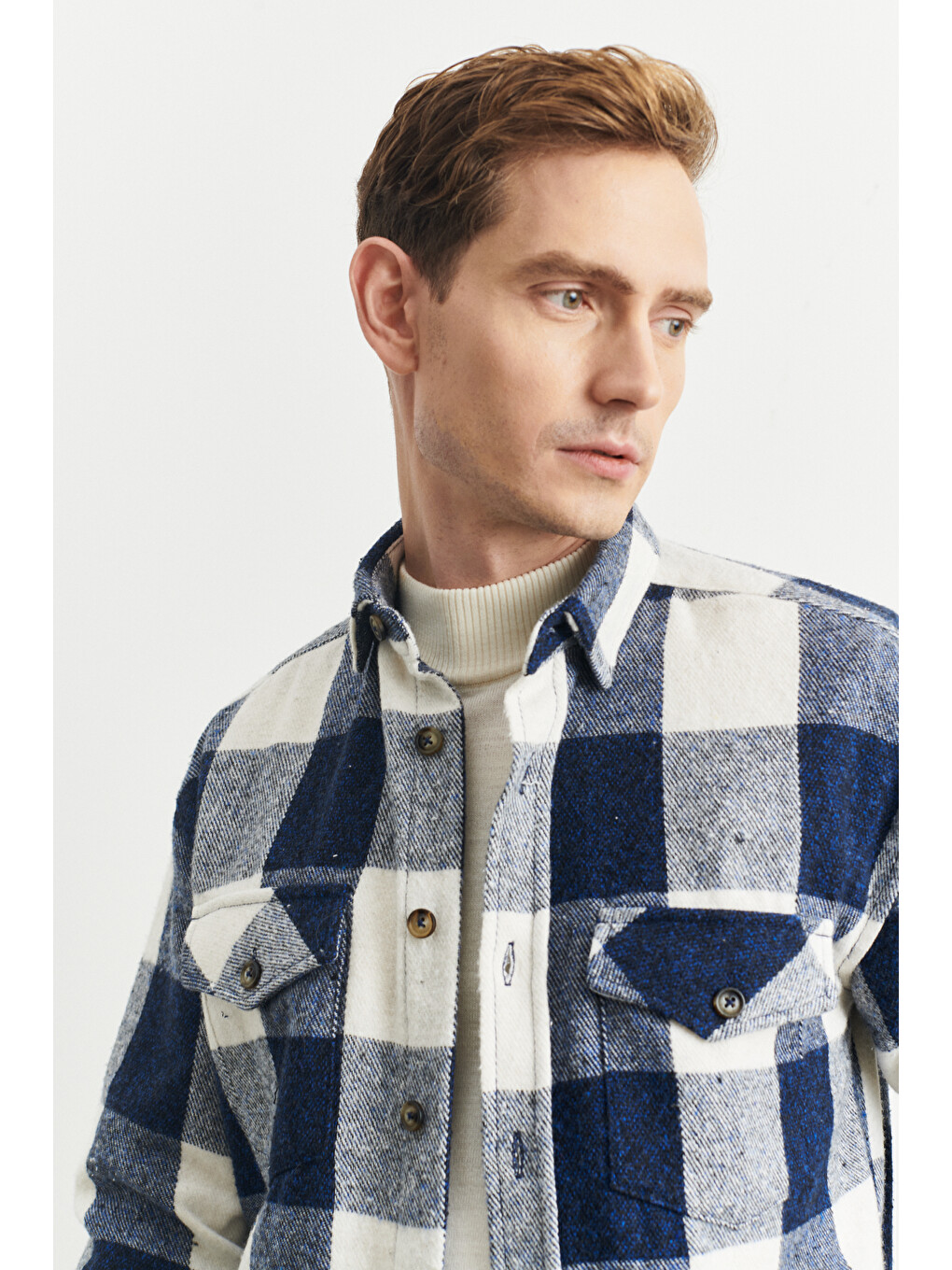 Erkek Mavi-Ekru Oversize Fit Geniş Kesim Gizli Düğmeli Yaka Kareli Oduncu Gömlek Ceket-2