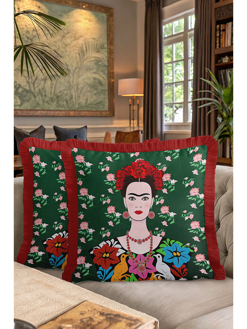 Karışık Sanatsal Portre Saçaklı Yastık Kılıfı - Çiçekli Bohem Yeşil Kırmızı Püsküllü Kırlent Kılıfı-7