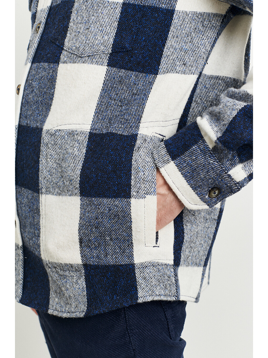 Erkek Mavi-Ekru Oversize Fit Geniş Kesim Gizli Düğmeli Yaka Kareli Oduncu Gömlek Ceket-4