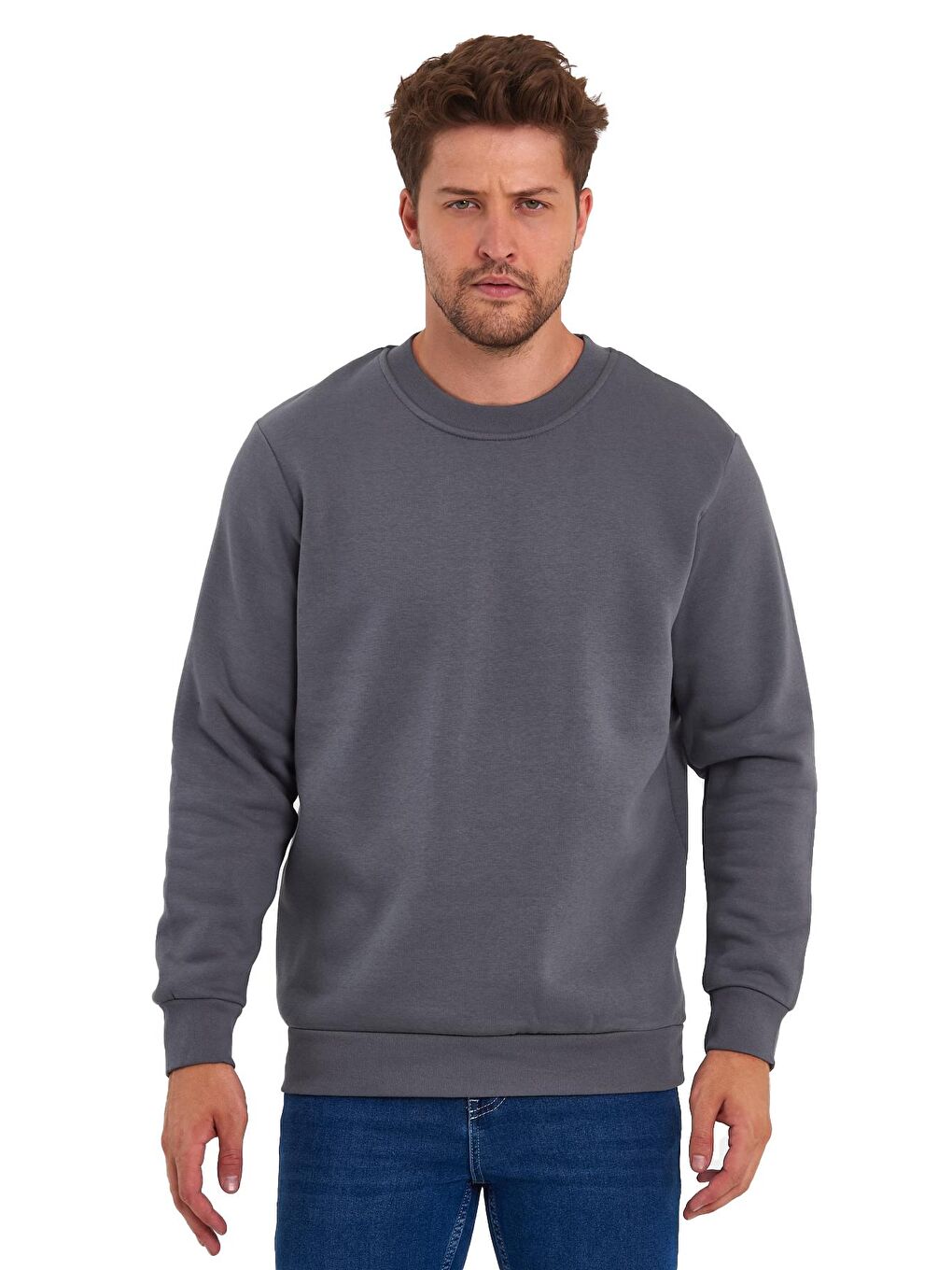 Antrasit 3 İplik Şardonlu Bisiklet Yaka Erkek Sweatshirt