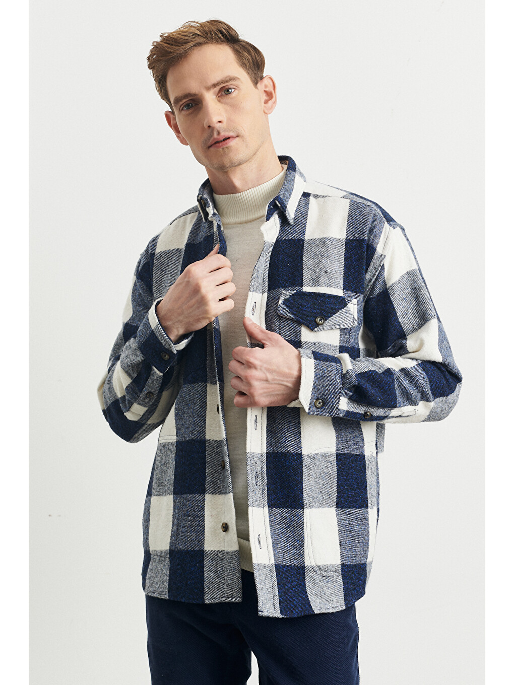 Erkek Mavi-Ekru Oversize Fit Geniş Kesim Gizli Düğmeli Yaka Kareli Oduncu Gömlek Ceket-5