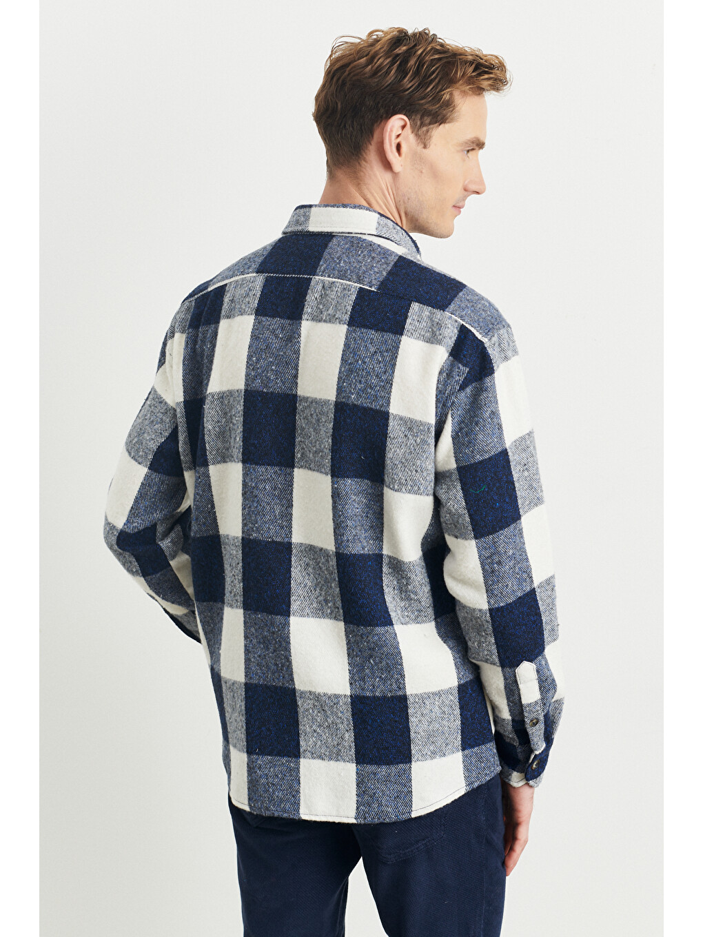 Erkek Mavi-Ekru Oversize Fit Geniş Kesim Gizli Düğmeli Yaka Kareli Oduncu Gömlek Ceket-6