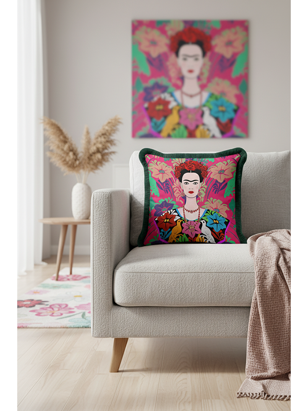 Karışık Meksika Çiçekli Sanatçı Saçaklı Yastık Kılıfı - Renkli Bohem Pembe Yeşil Püsküllü Kırlent Kılıfı-1