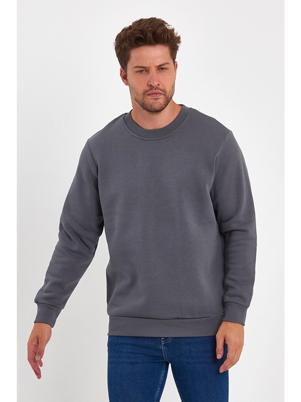 Antrasit 3 İplik Şardonlu Bisiklet Yaka Erkek Sweatshirt-1