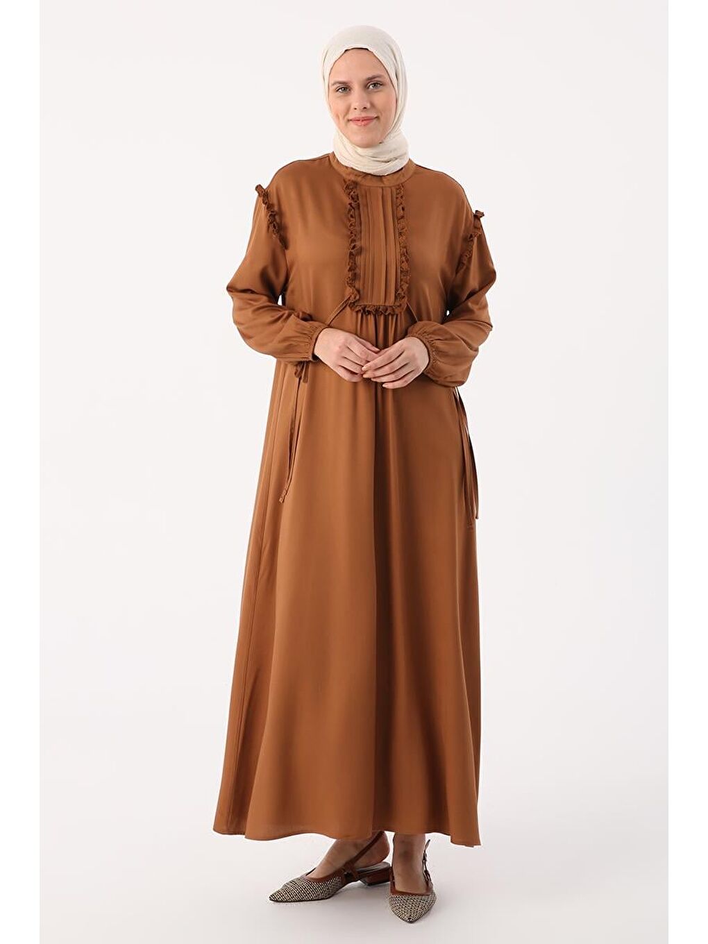 Kahverengi Açık Kahve-Fistolu Ve Nervürlü Rahat Kalıp Viskon Elbise