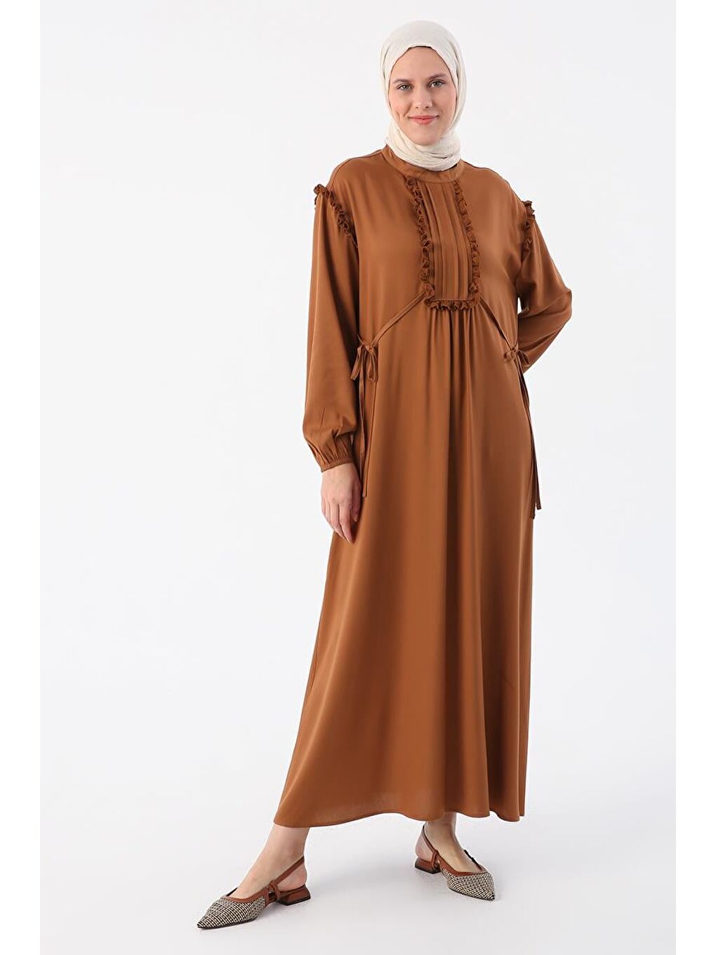 Kahverengi Açık Kahve-Fistolu Ve Nervürlü Rahat Kalıp Viskon Elbise-1