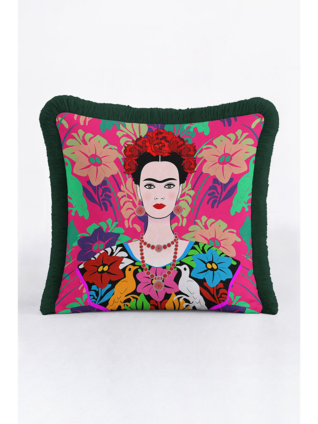 Karışık Meksika Çiçekli Sanatçı Saçaklı Yastık Kılıfı - Renkli Bohem Pembe Yeşil Püsküllü Kırlent Kılıfı-2
