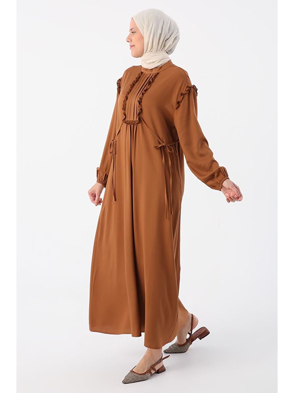 Kahverengi Açık Kahve-Fistolu Ve Nervürlü Rahat Kalıp Viskon Elbise-2