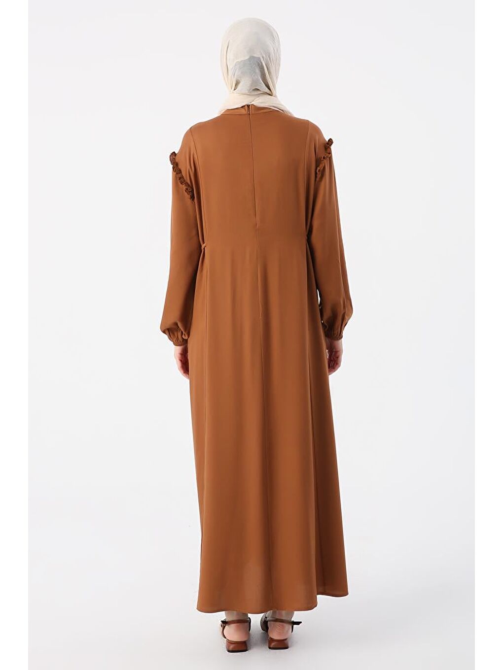 Kahverengi Açık Kahve-Fistolu Ve Nervürlü Rahat Kalıp Viskon Elbise-3