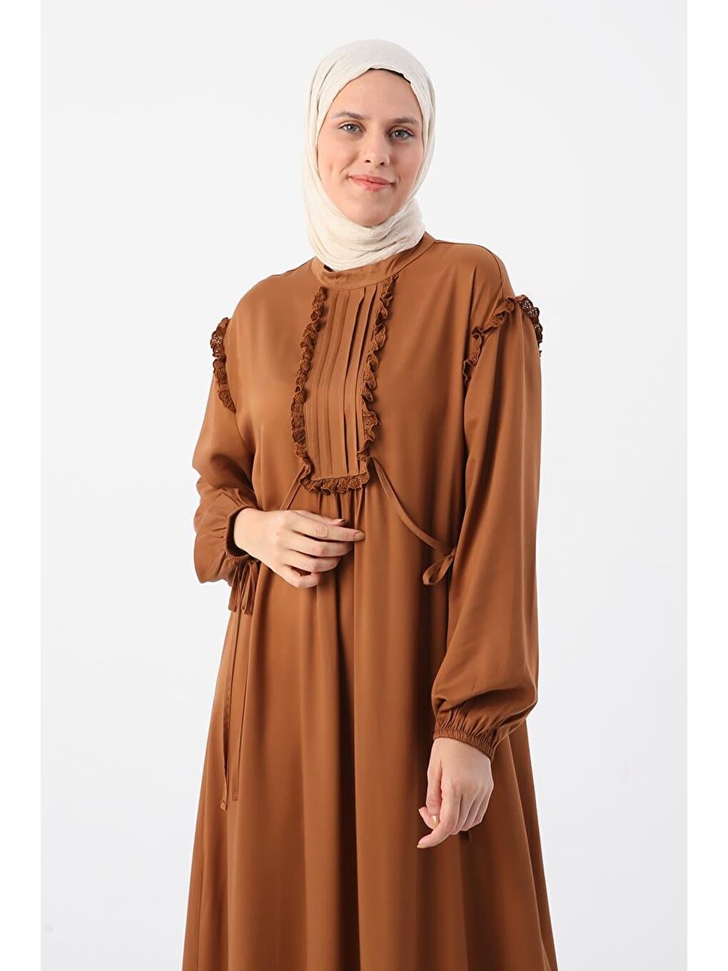 Kahverengi Açık Kahve-Fistolu Ve Nervürlü Rahat Kalıp Viskon Elbise-4