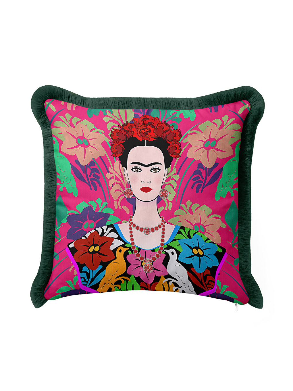 Karışık Meksika Çiçekli Sanatçı Saçaklı Yastık Kılıfı - Renkli Bohem Pembe Yeşil Püsküllü Kırlent Kılıfı-3