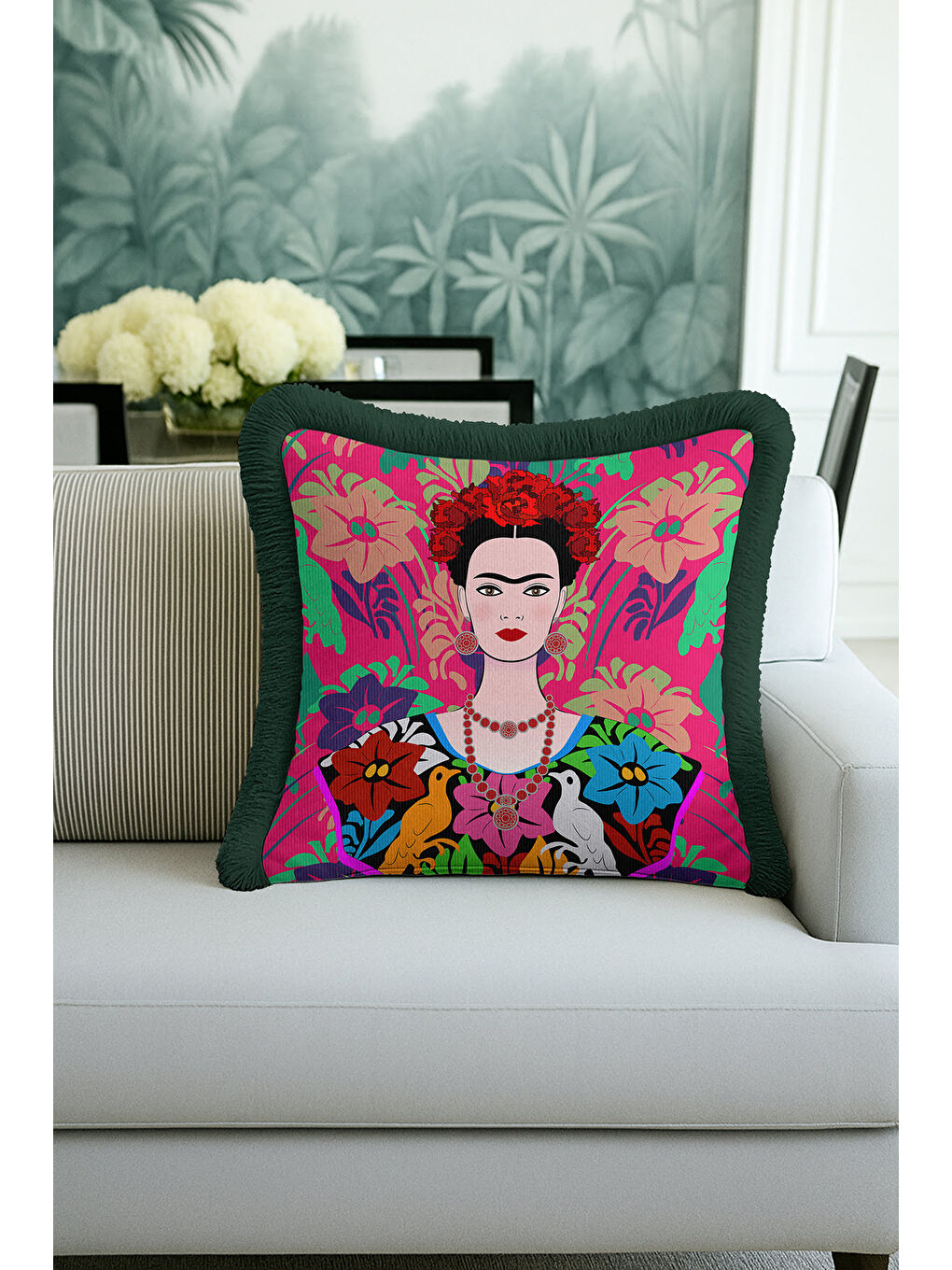 Karışık Meksika Çiçekli Sanatçı Saçaklı Yastık Kılıfı - Renkli Bohem Pembe Yeşil Püsküllü Kırlent Kılıfı-4