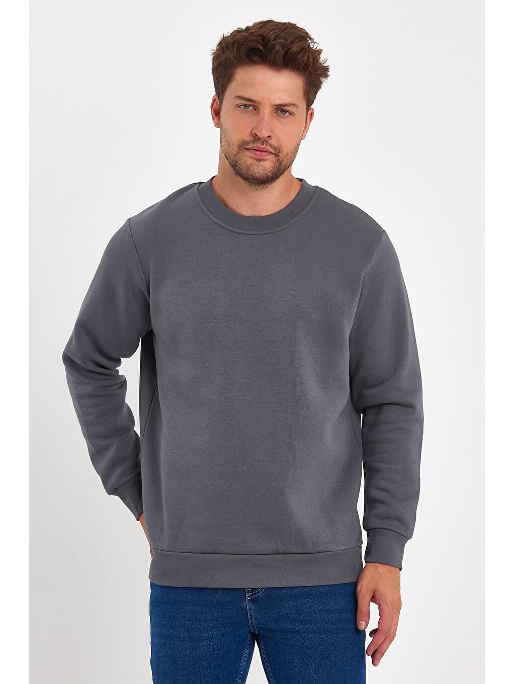 Antrasit 3 İplik Şardonlu Bisiklet Yaka Erkek Sweatshirt-3