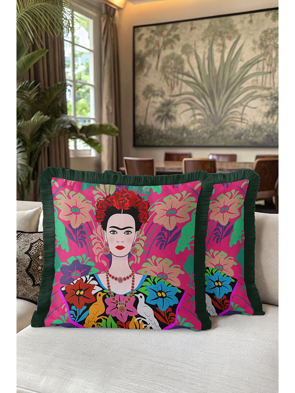Karışık Meksika Çiçekli Sanatçı Saçaklı Yastık Kılıfı - Renkli Bohem Pembe Yeşil Püsküllü Kırlent Kılıfı-5