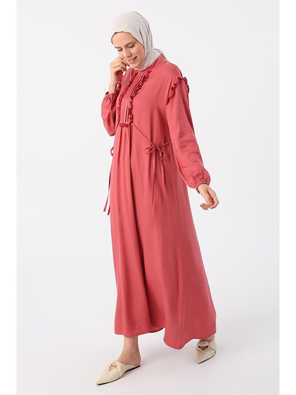 Pembe Gül Kurusu-Fistolu Ve Nervürlü Rahat Kalıp Viskon Elbise