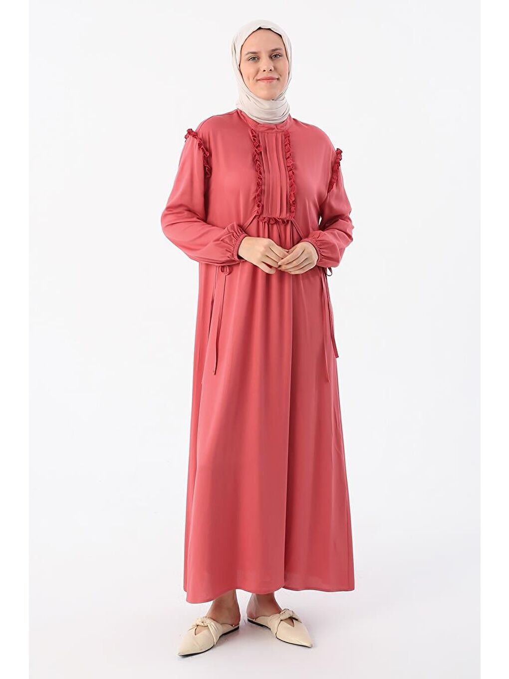 Pembe Gül Kurusu-Fistolu Ve Nervürlü Rahat Kalıp Viskon Elbise-1