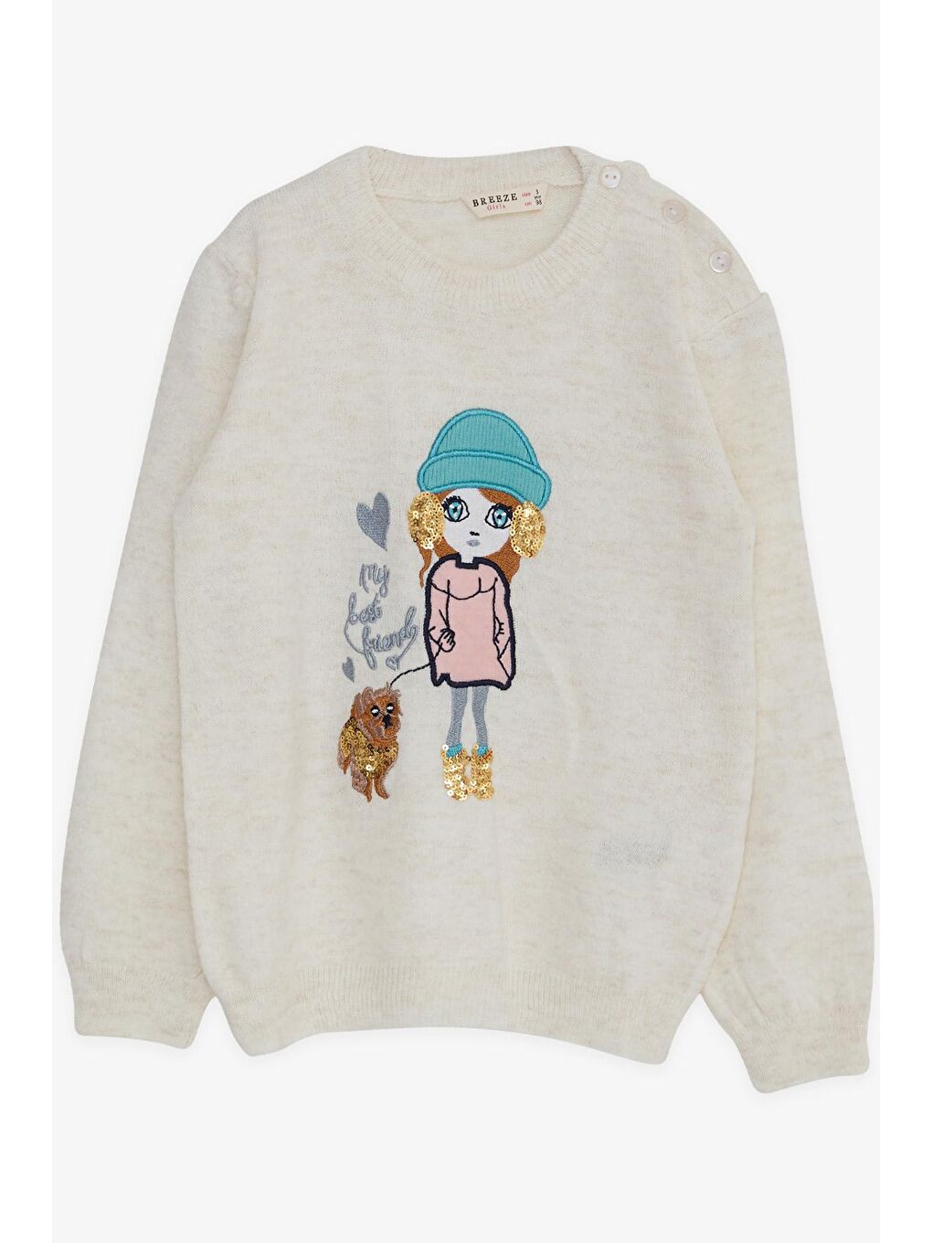 Kız Çocuk Triko Kazak Pullu Nakışlı Kız Baskılı Ekru (1.5-5 Yaş)