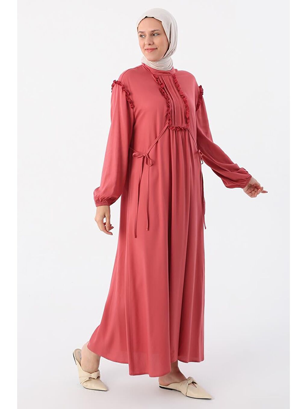 Pembe Gül Kurusu-Fistolu Ve Nervürlü Rahat Kalıp Viskon Elbise-2