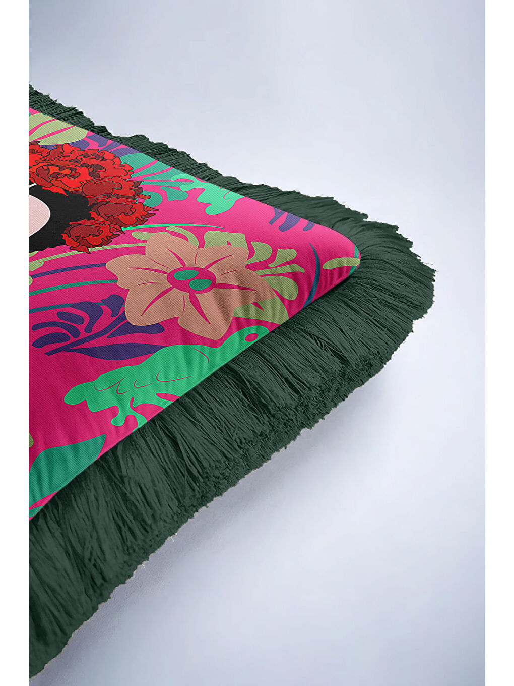 Karışık Meksika Çiçekli Sanatçı Saçaklı Yastık Kılıfı - Renkli Bohem Pembe Yeşil Püsküllü Kırlent Kılıfı-6