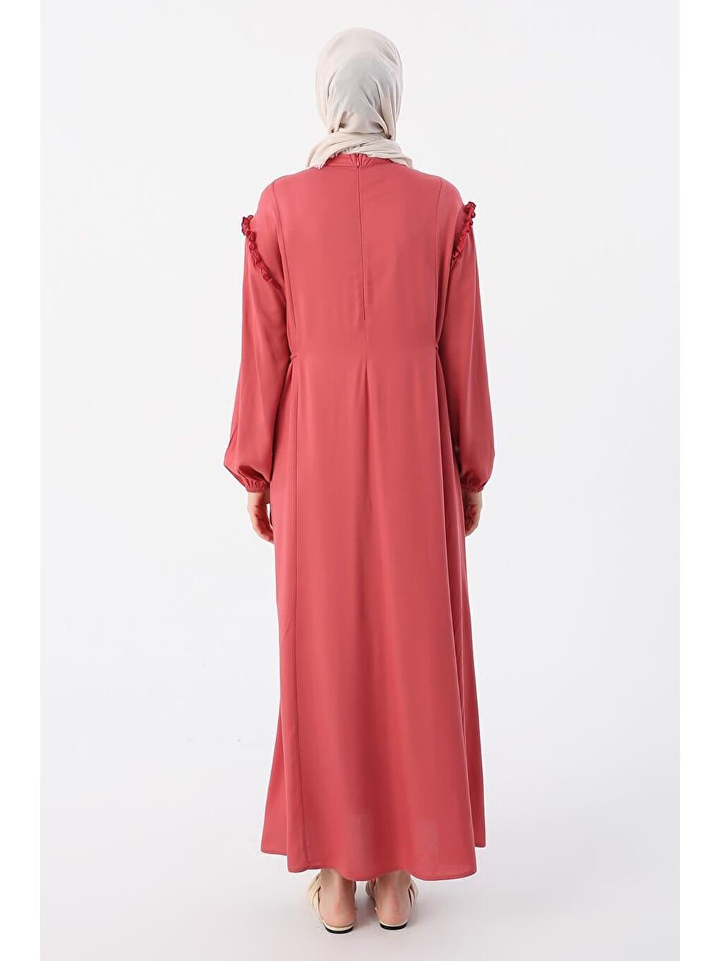 Pembe Gül Kurusu-Fistolu Ve Nervürlü Rahat Kalıp Viskon Elbise-3