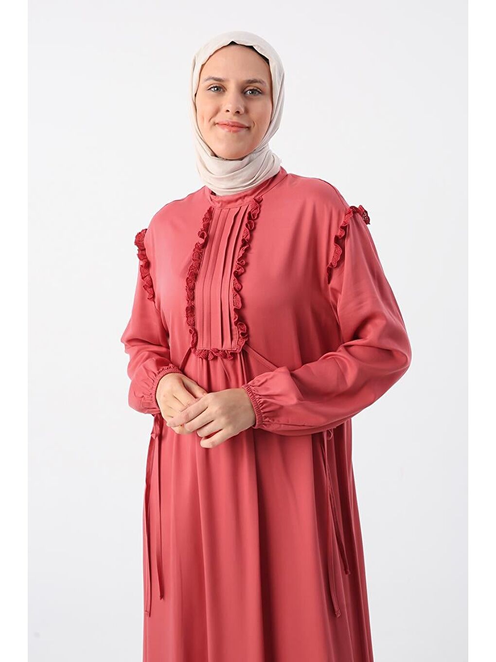 Pembe Gül Kurusu-Fistolu Ve Nervürlü Rahat Kalıp Viskon Elbise-4