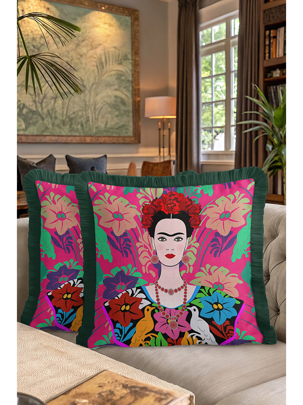 Karışık Meksika Çiçekli Sanatçı Saçaklı Yastık Kılıfı - Renkli Bohem Pembe Yeşil Püsküllü Kırlent Kılıfı-7