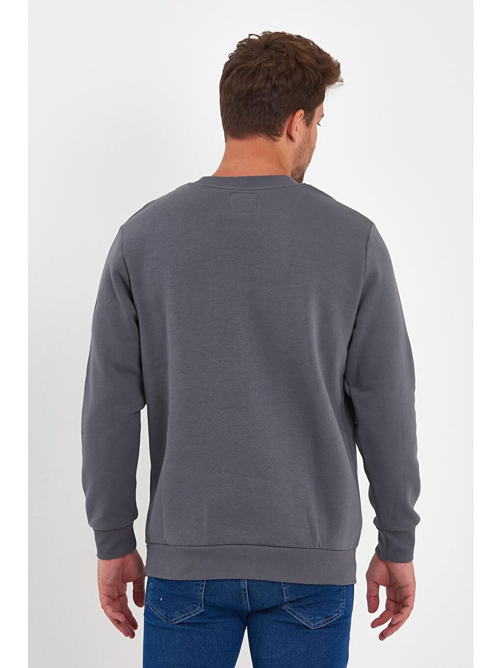 Antrasit 3 İplik Şardonlu Bisiklet Yaka Erkek Sweatshirt-4