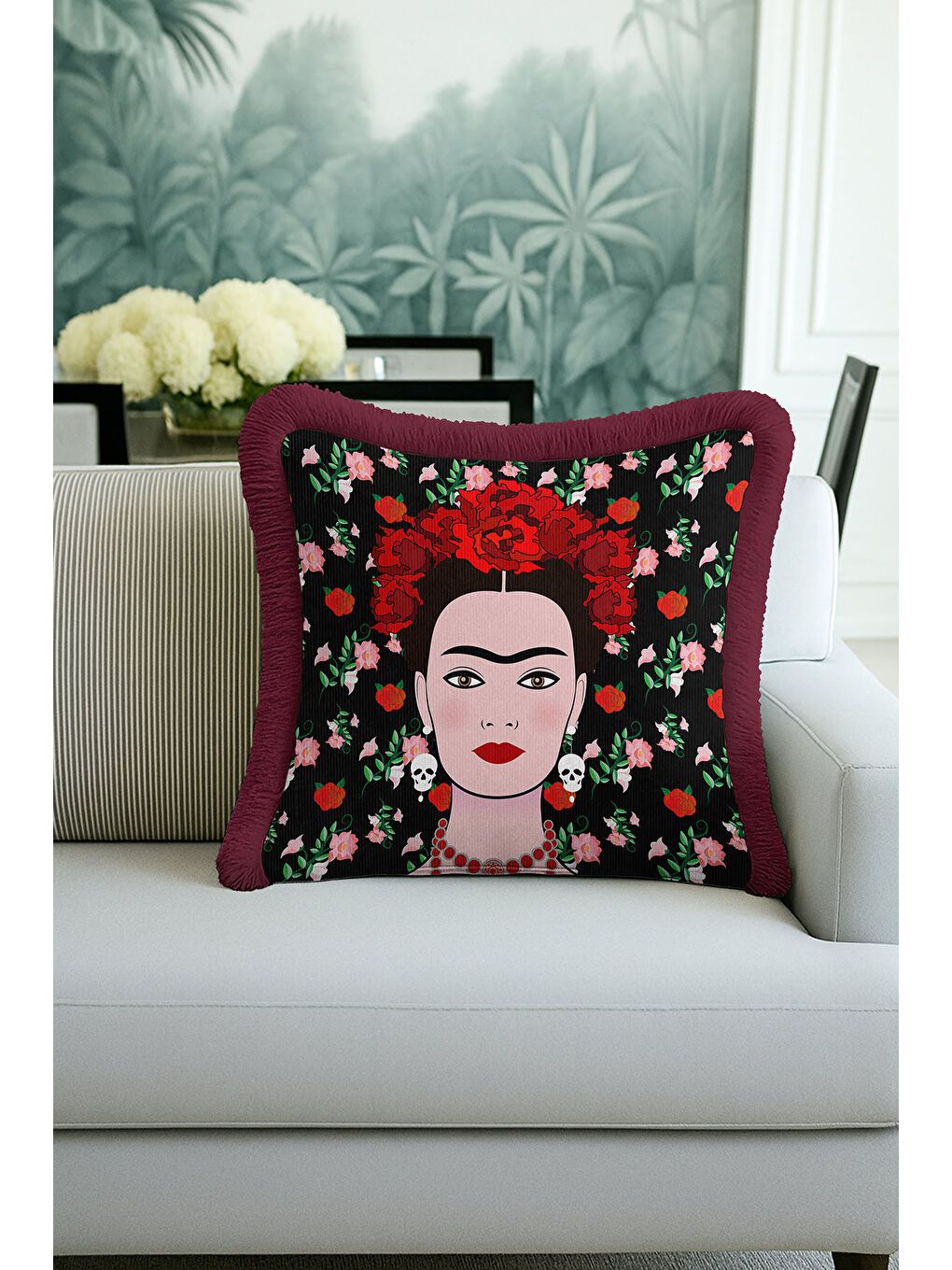 Karışık Sanatsal Çiçek Motifli Saçaklı Yastık Kılıfı - Eklektik Portre Temalı Bordo Püsküllü Kırlent Kılıfı-1