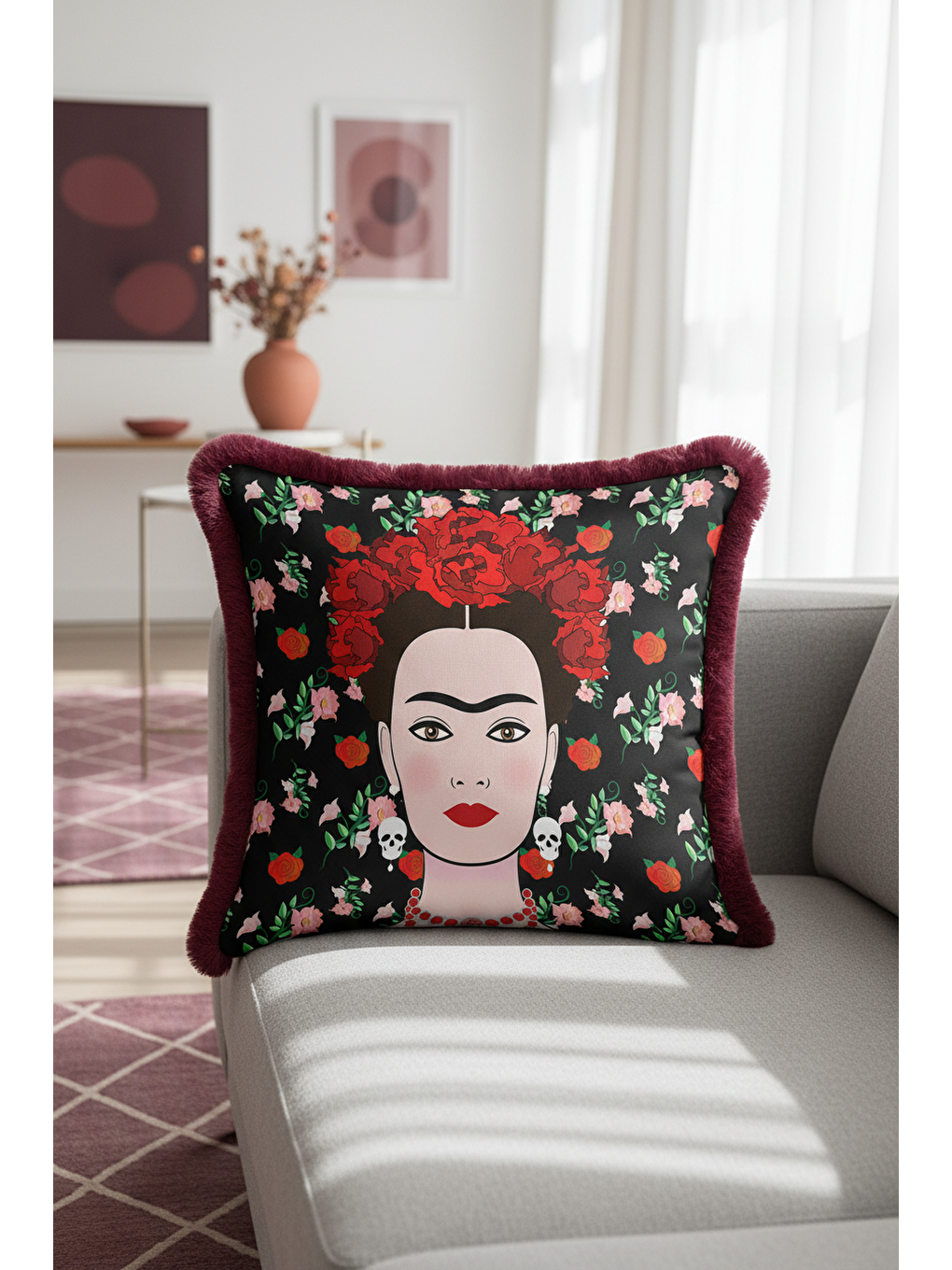 Karışık Sanatsal Çiçek Motifli Saçaklı Yastık Kılıfı - Eklektik Portre Temalı Bordo Püsküllü Kırlent Kılıfı-2