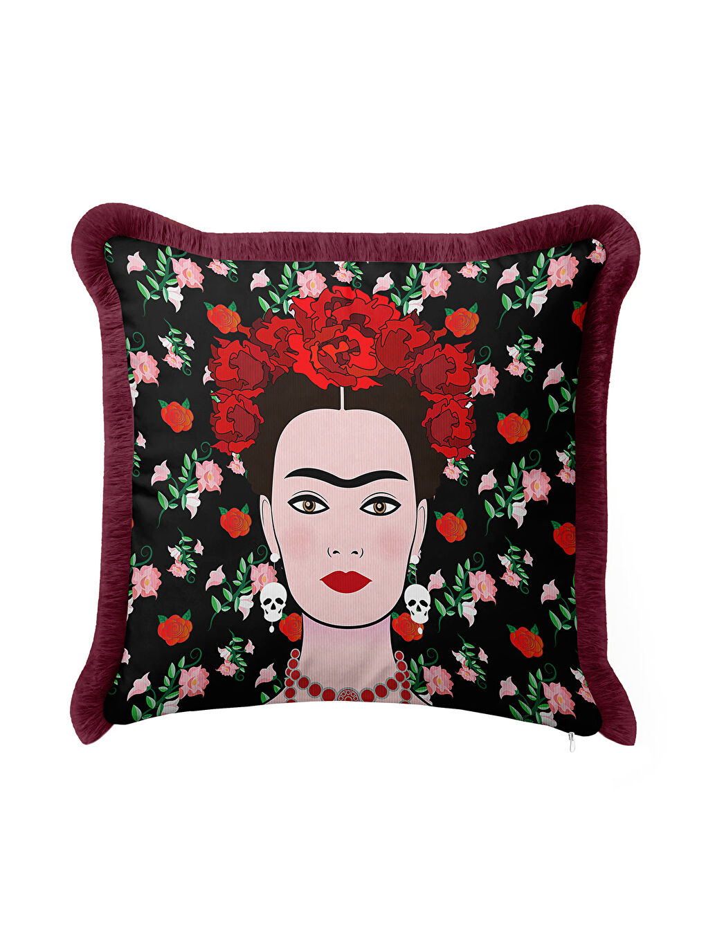 Karışık Sanatsal Çiçek Motifli Saçaklı Yastık Kılıfı - Eklektik Portre Temalı Bordo Püsküllü Kırlent Kılıfı-3