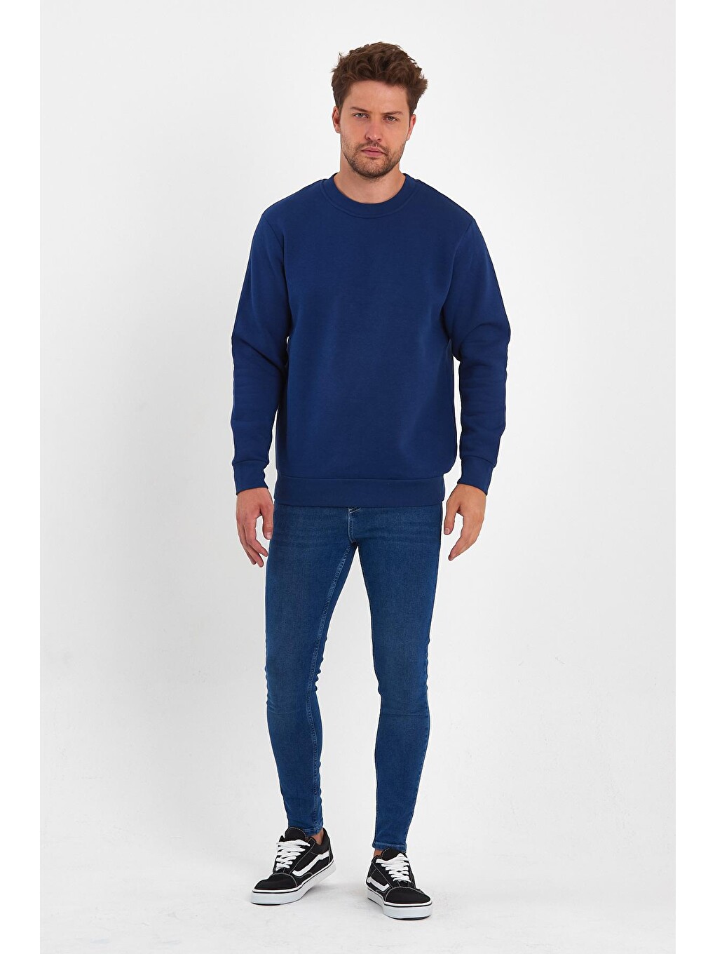 İndigo 3 İplik Şardonlu Bisiklet Yaka Erkek Sweatshirt-1