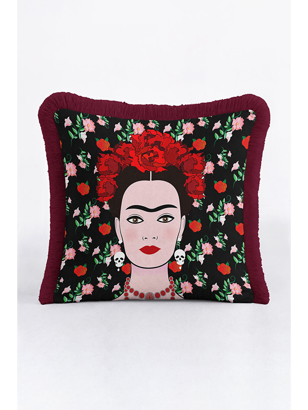 Karışık Sanatsal Çiçek Motifli Saçaklı Yastık Kılıfı - Eklektik Portre Temalı Bordo Püsküllü Kırlent Kılıfı-4