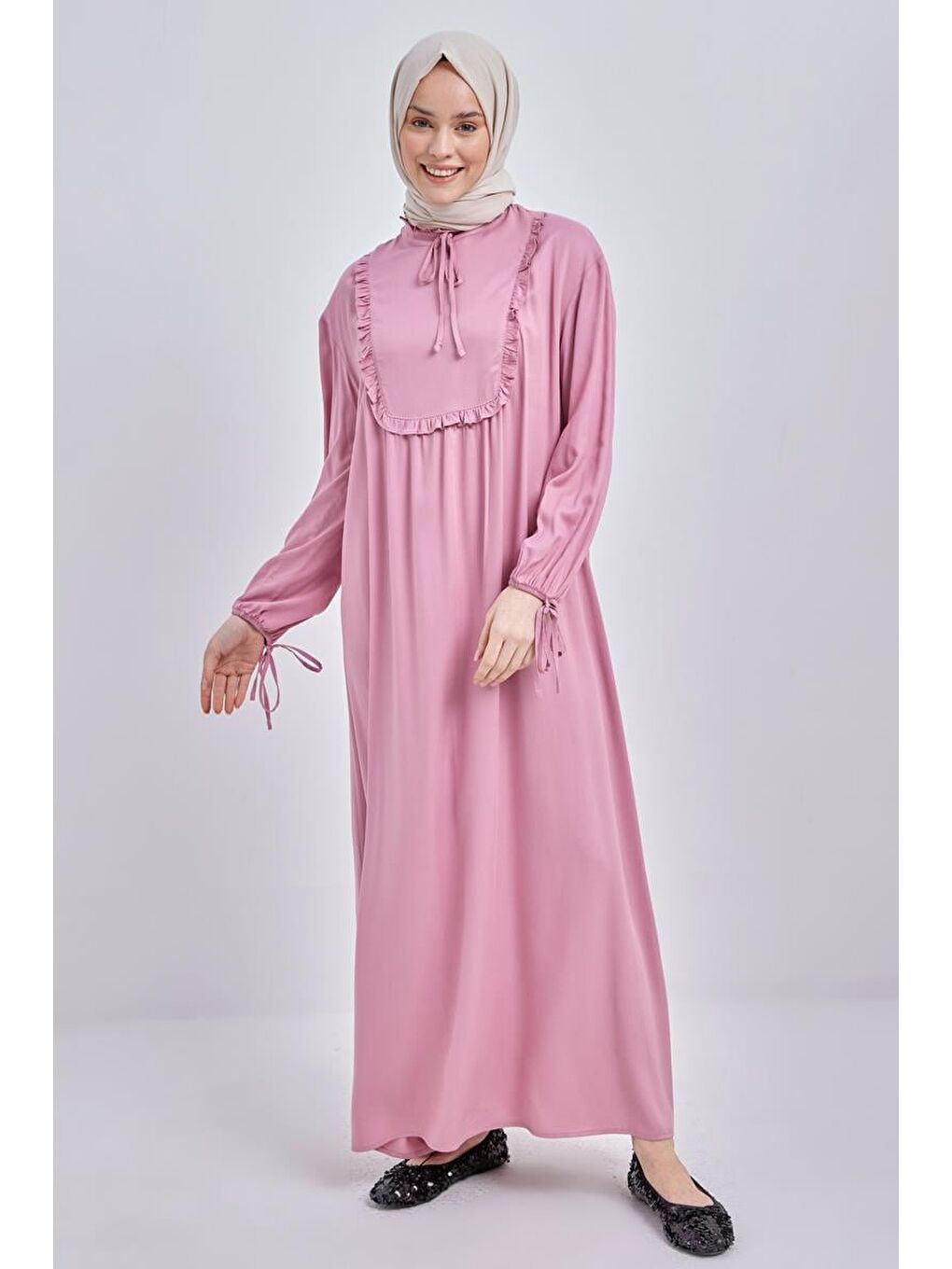 Pembe Açık Gül Yakası Ve Robası Fırfırlı Fermuar Kapamalı Viskon Elbise