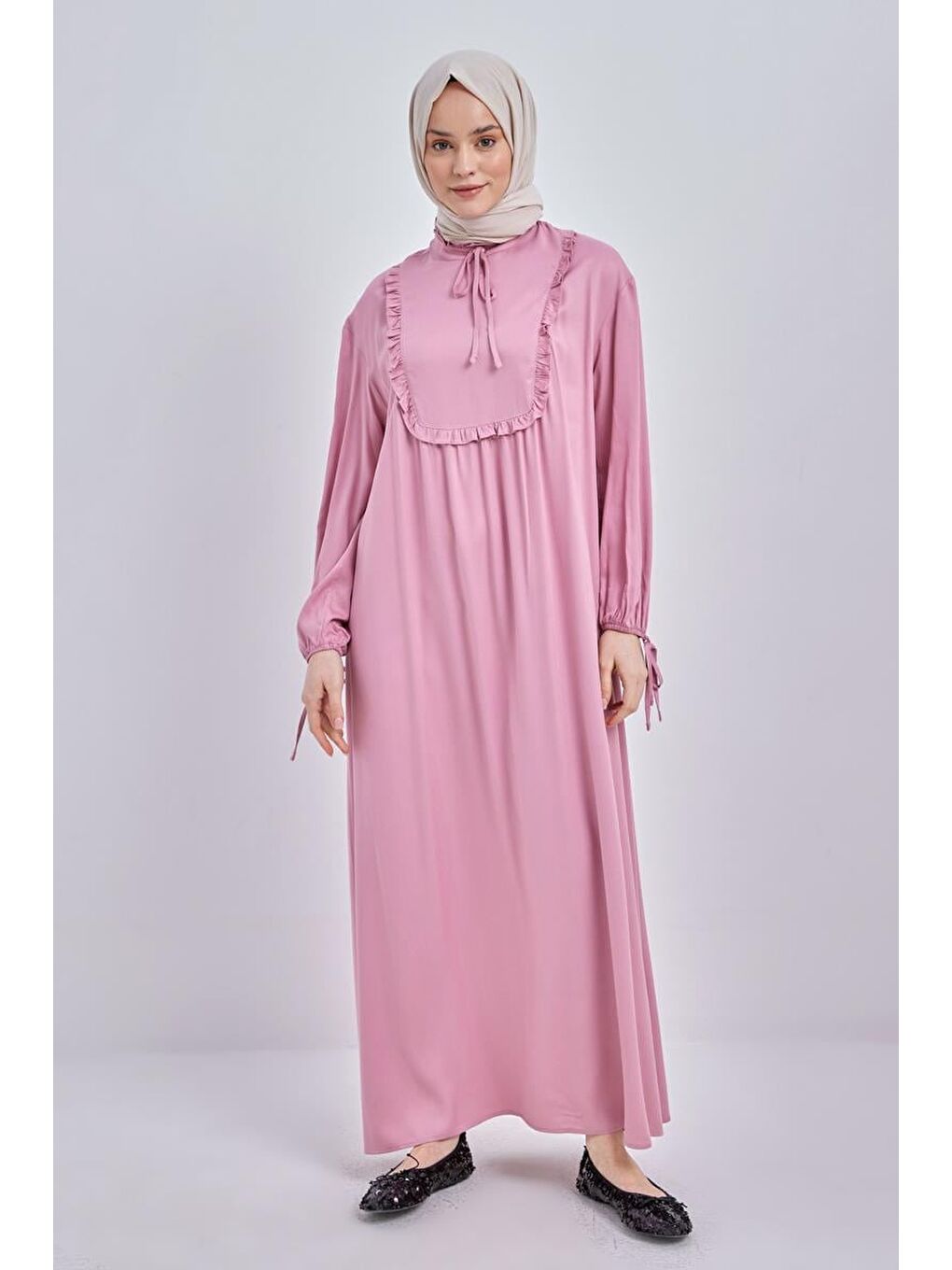 Pembe Açık Gül Yakası Ve Robası Fırfırlı Fermuar Kapamalı Viskon Elbise-1