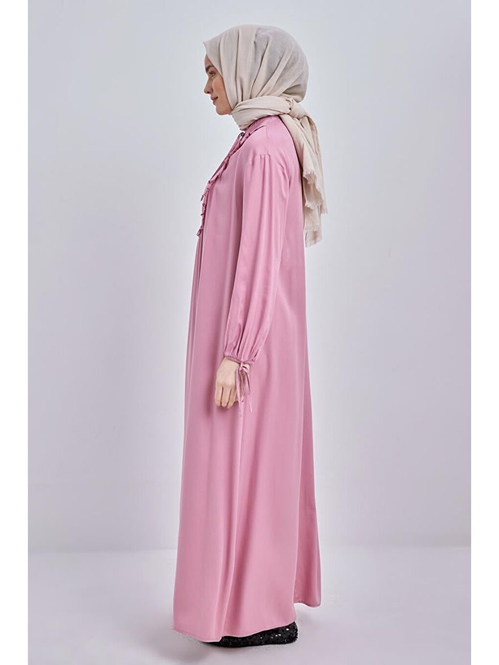 Pembe Açık Gül Yakası Ve Robası Fırfırlı Fermuar Kapamalı Viskon Elbise-2