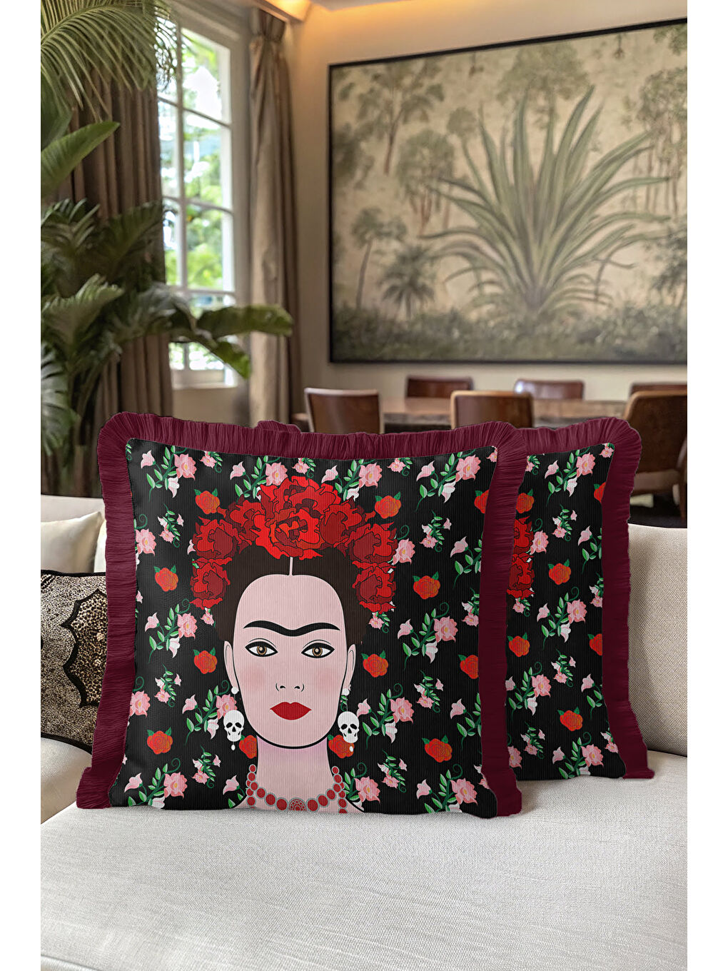 Karışık Sanatsal Çiçek Motifli Saçaklı Yastık Kılıfı - Eklektik Portre Temalı Bordo Püsküllü Kırlent Kılıfı-5