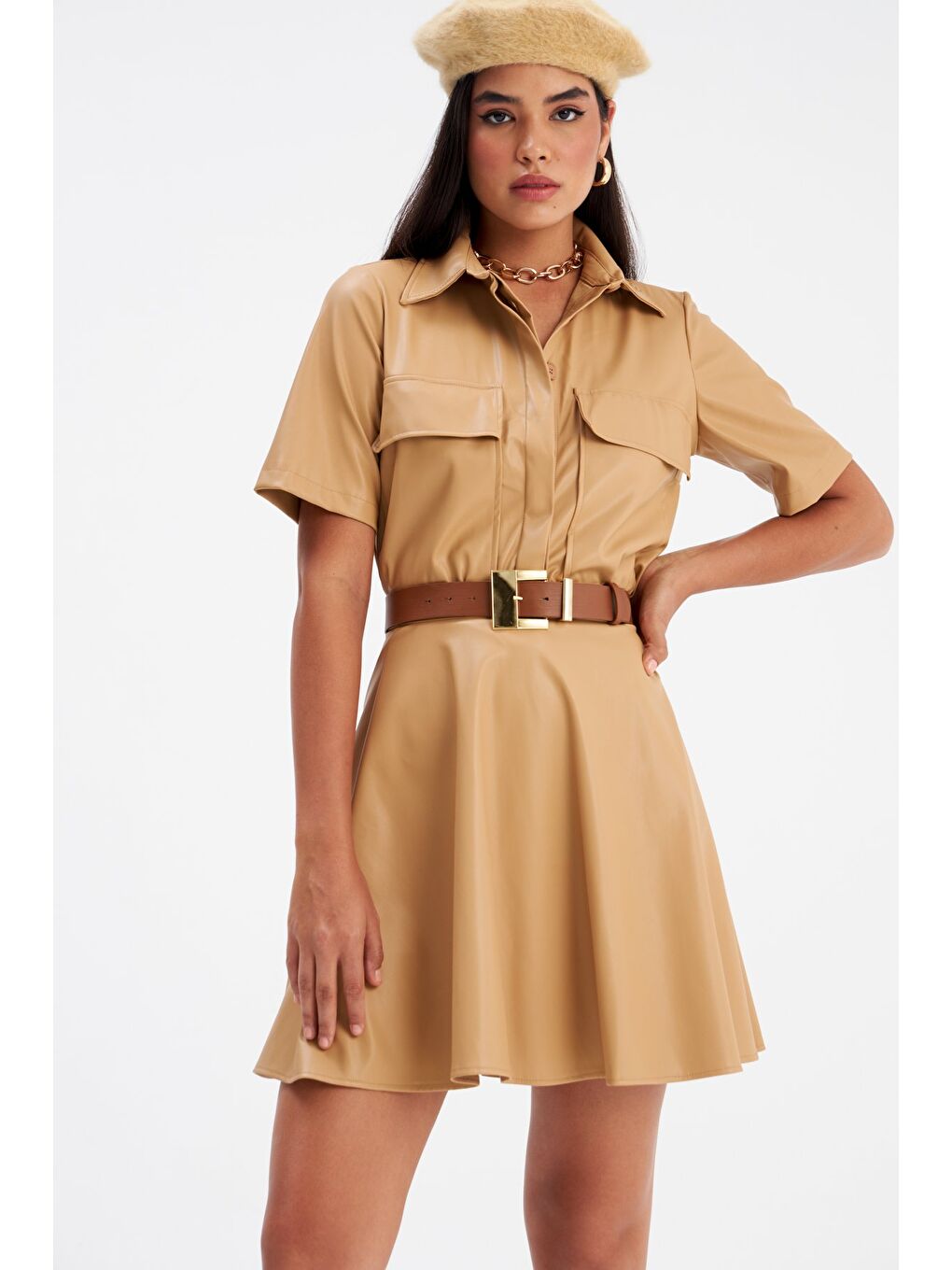 SATEEN Kloş Mini Deri Etek - Bej