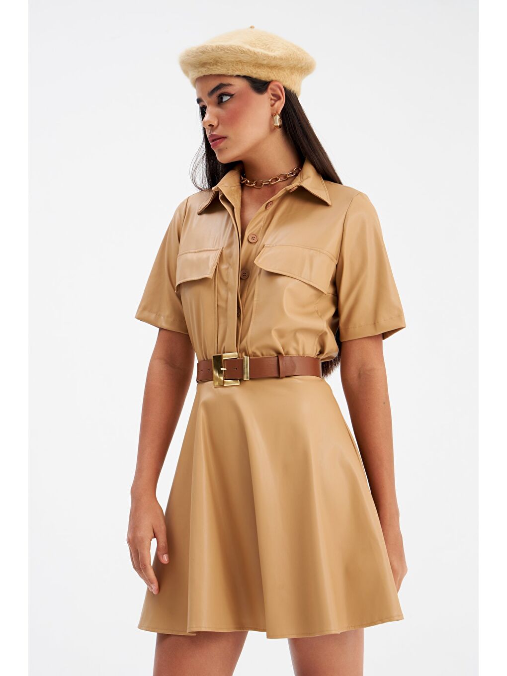 SATEEN Kloş Mini Deri Etek - Bej - 1