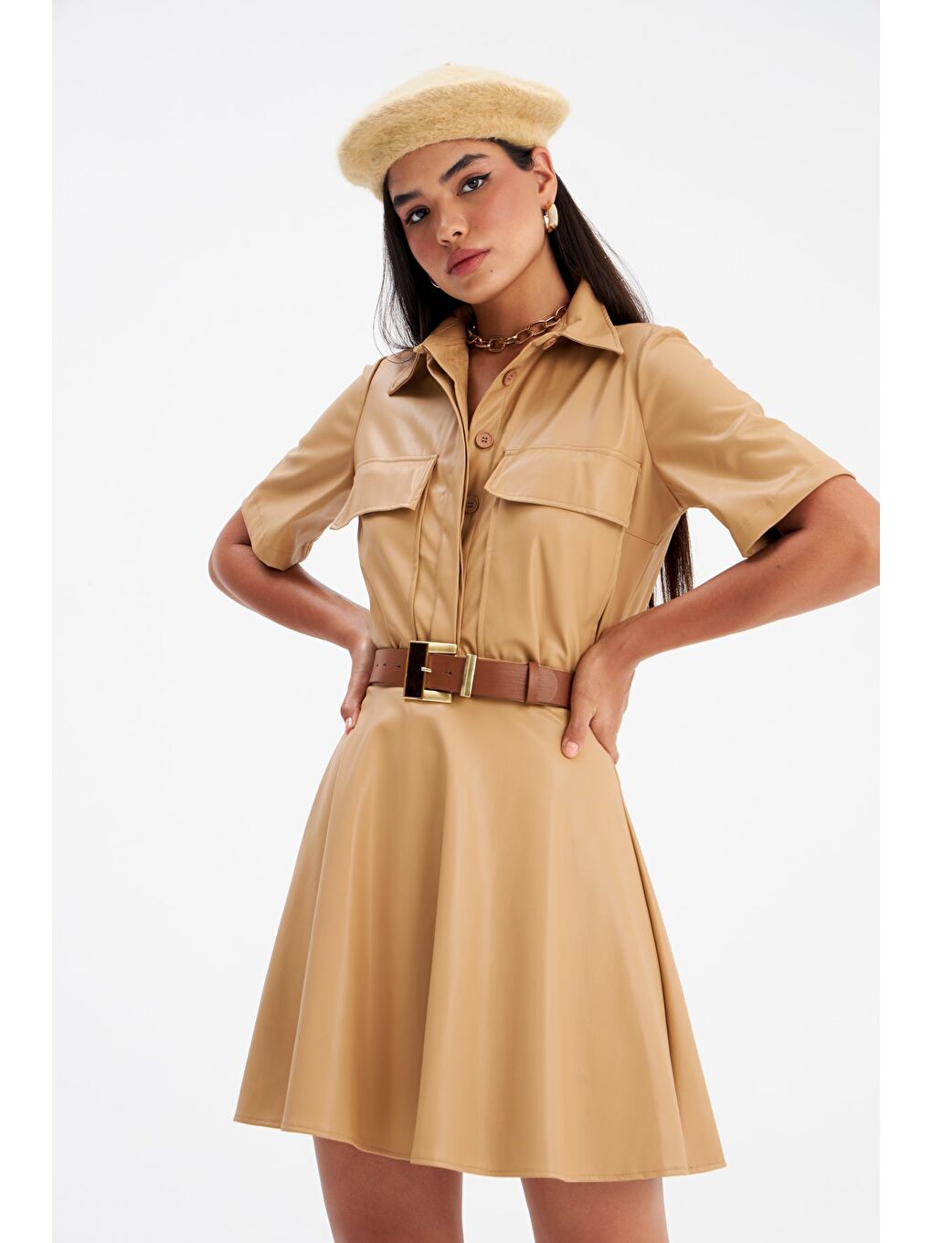SATEEN Kloş Mini Deri Etek - Bej - 2