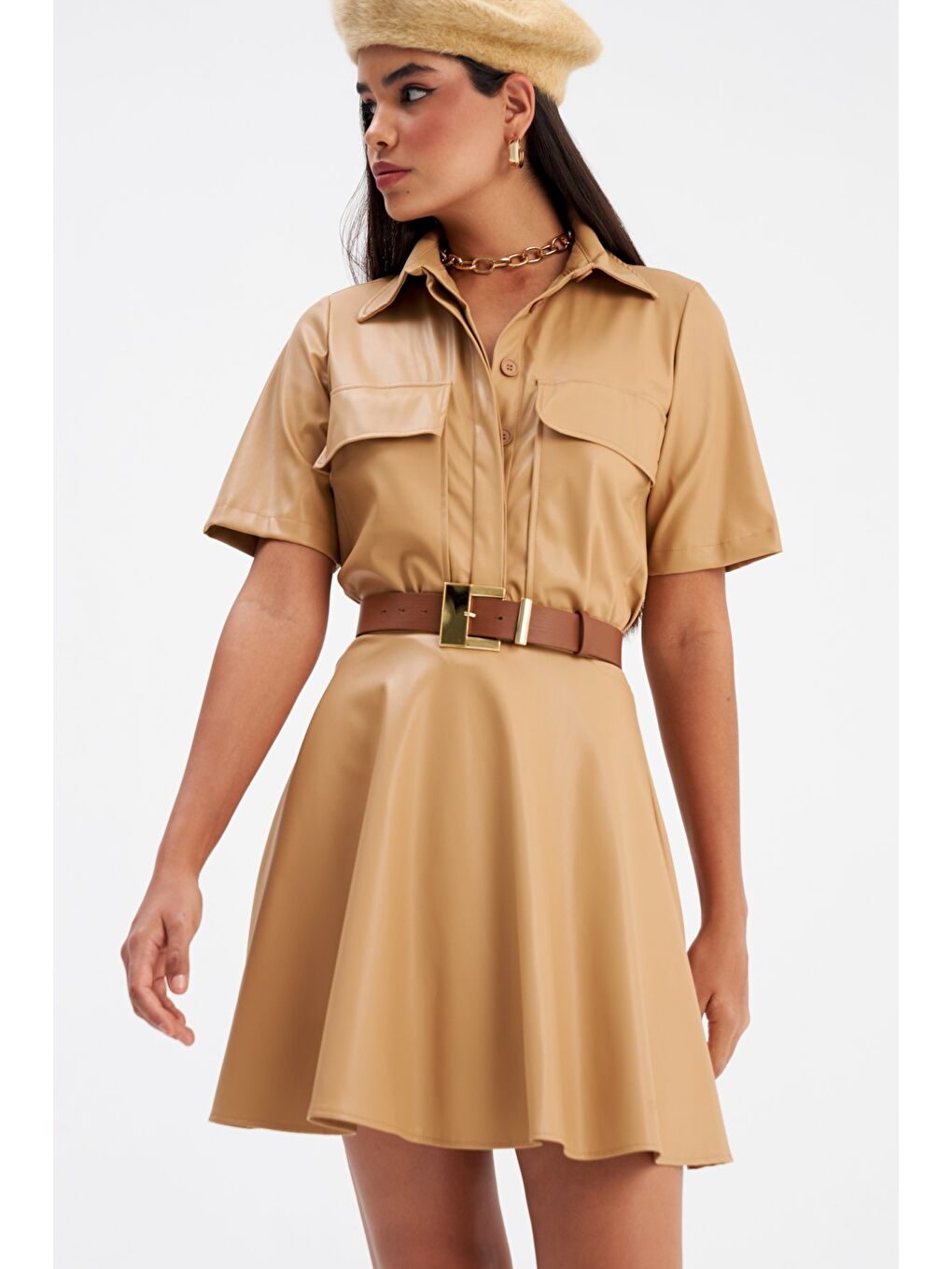 SATEEN Kloş Mini Deri Etek - Bej - 3