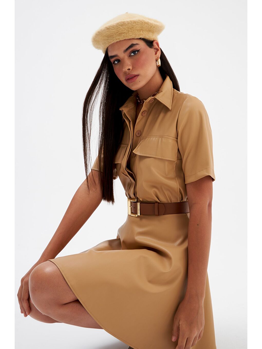 SATEEN Kloş Mini Deri Etek - Bej - 4
