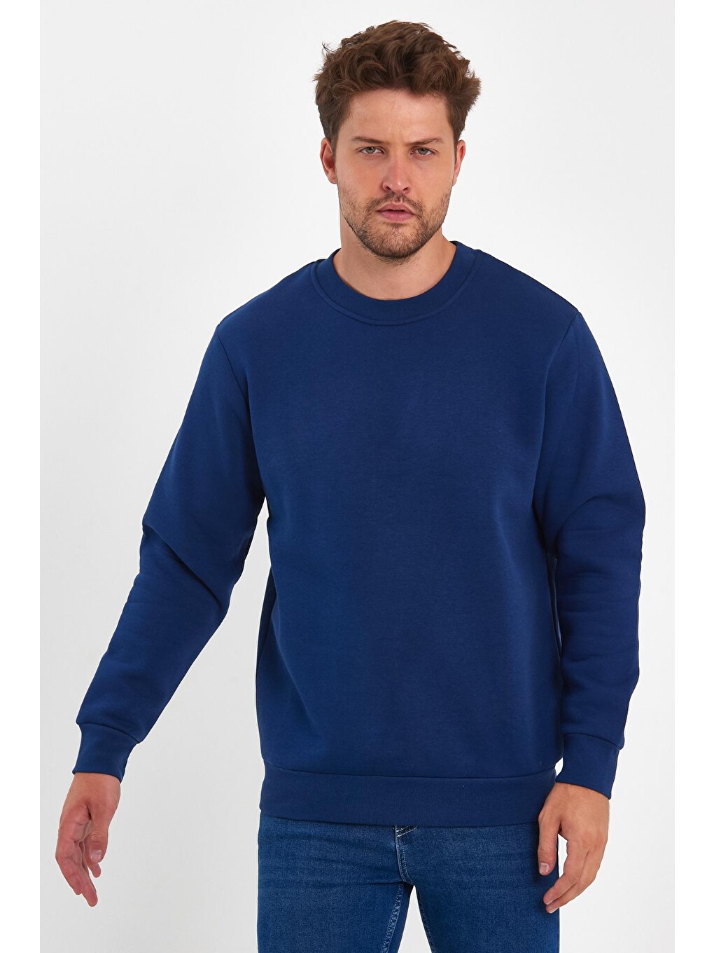 İndigo 3 İplik Şardonlu Bisiklet Yaka Erkek Sweatshirt-2