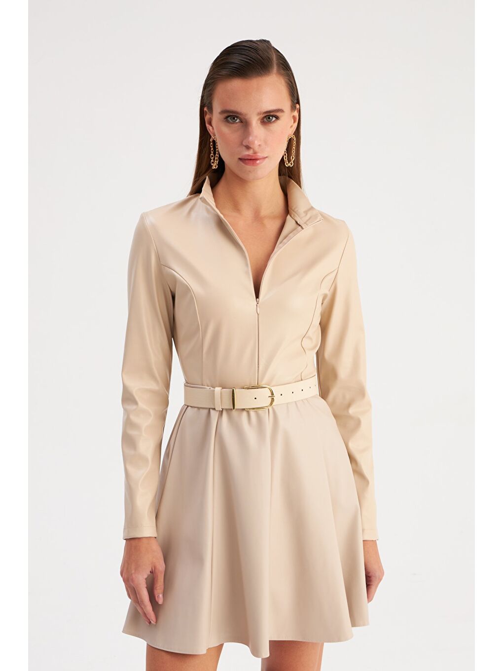 Bej Mini Deri Etek - Taş